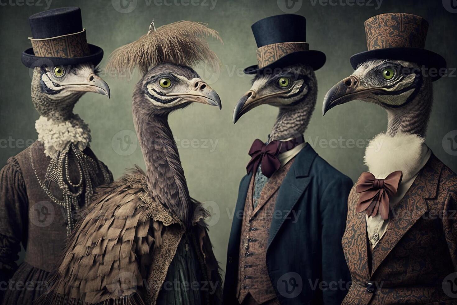 Ostricht animals dressed in victorian era clothing illustration photo