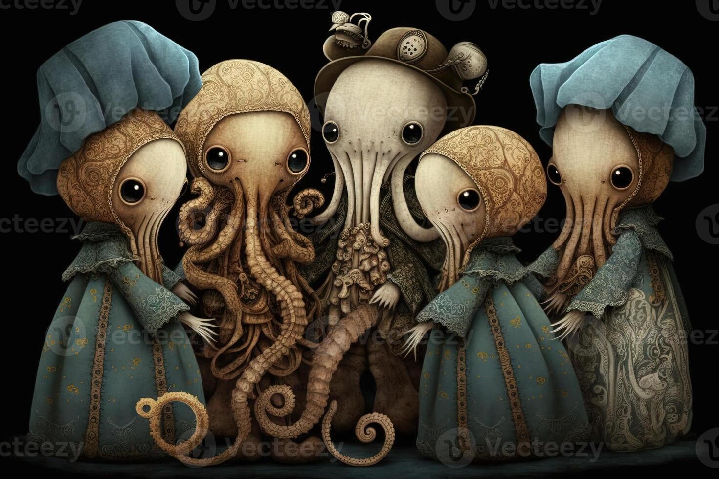 octopus animals dressed in victorian era clothing illustration photo