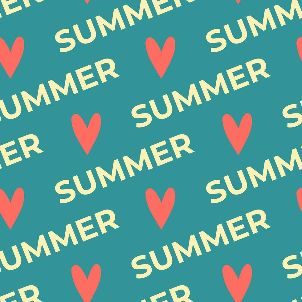 Seamless retro pattern with summer text. Vector illustration. Summer background with hearts and letters.