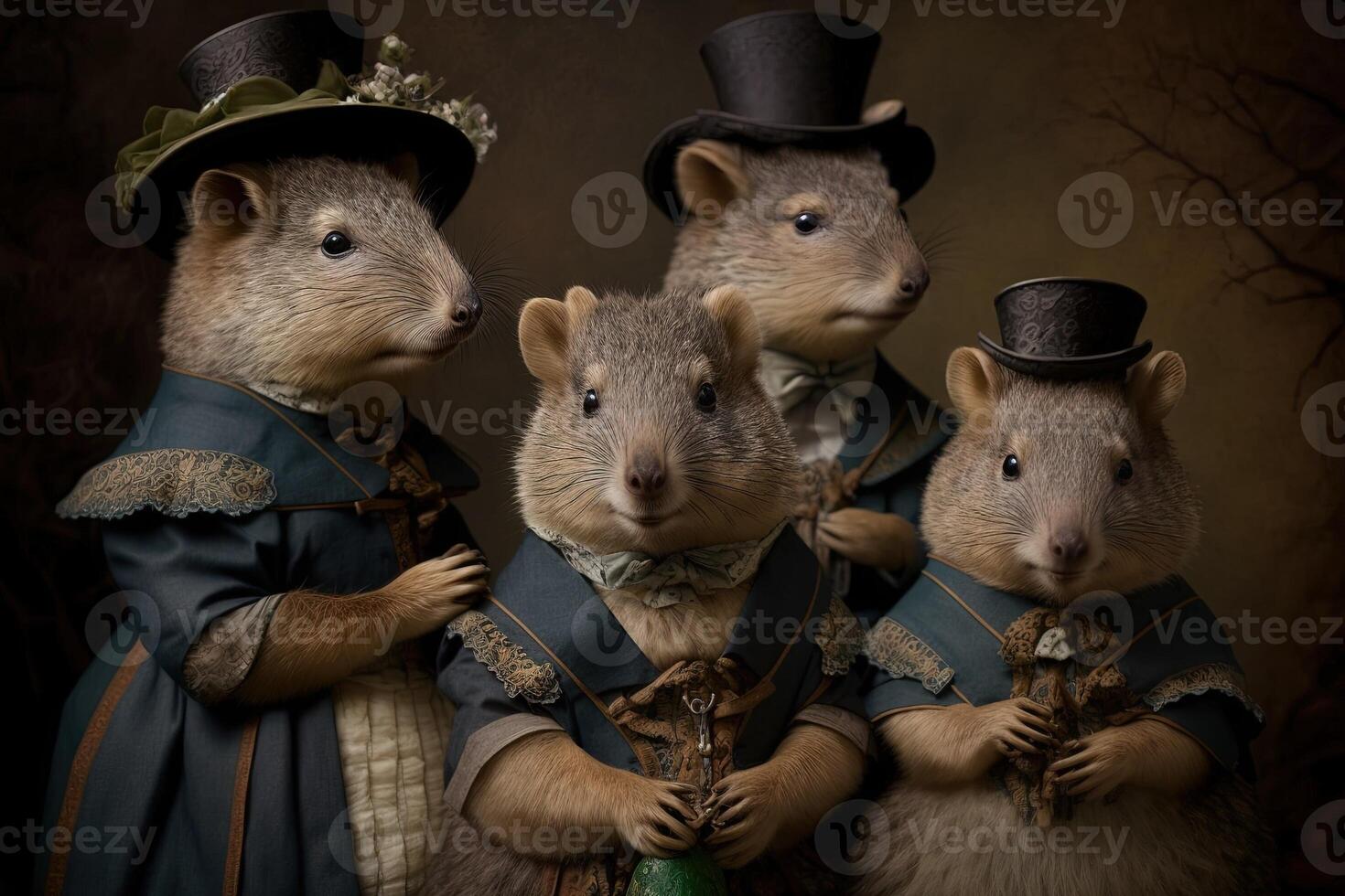 Quokka animals dressed in victorian era clothing illustration photo