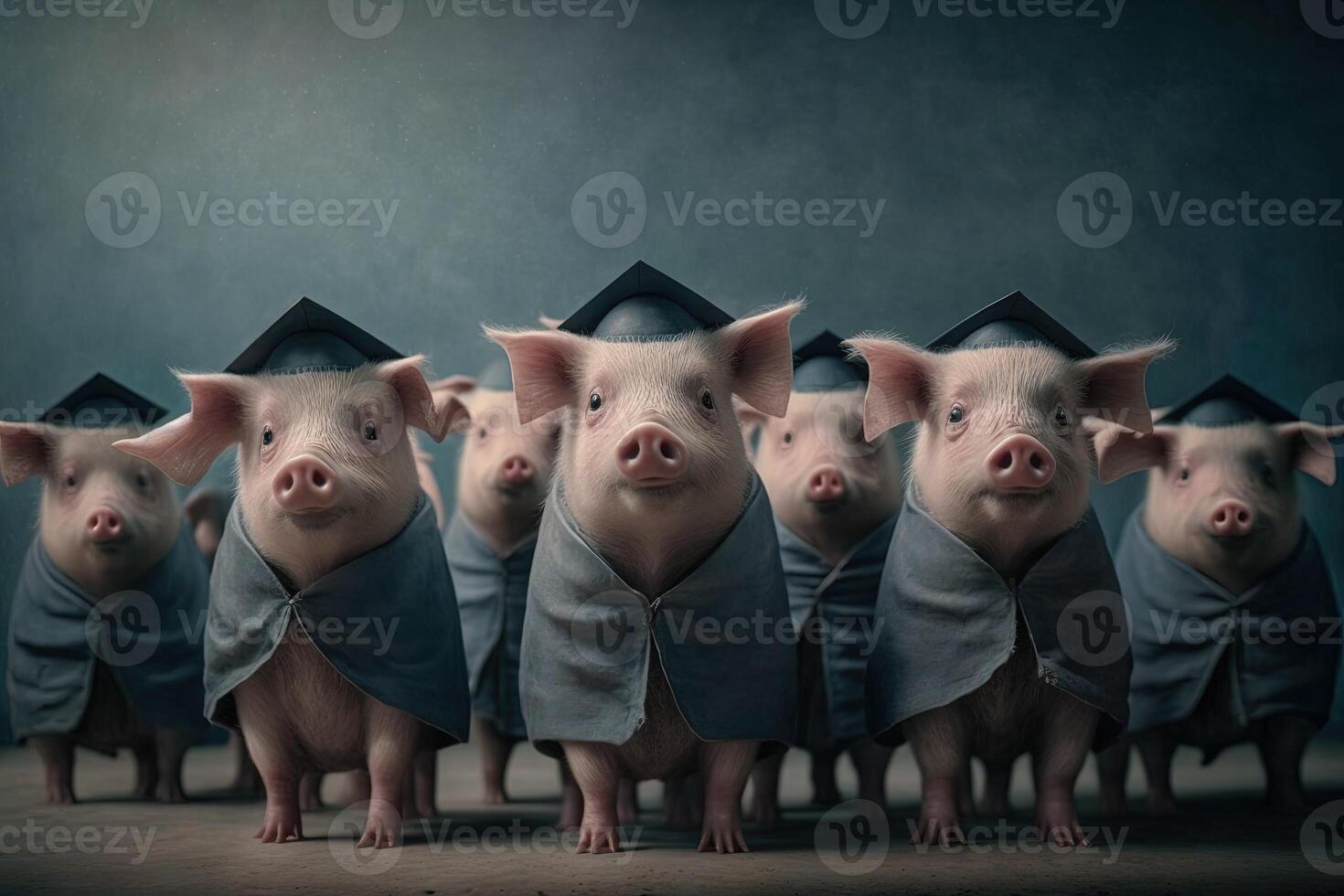 Pigs standing in a line, wearing graduation caps and gowns, with a proud look on their faces illustration photo