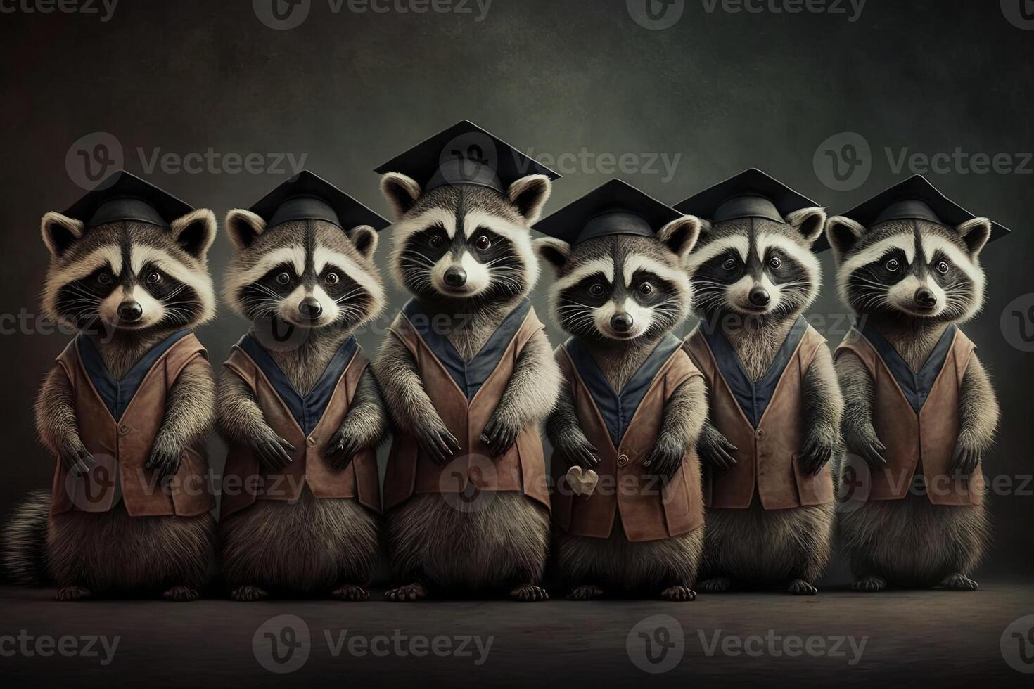 Racoons standing in a line, wearing graduation caps and gowns, with a proud look on their faces illustration photo
