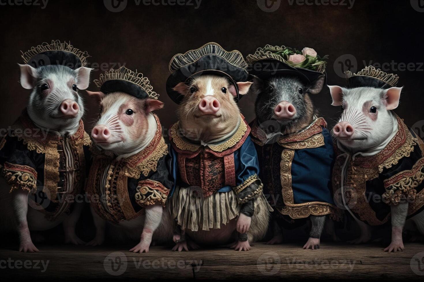 pigs animals dressed in victorian era clothing illustration photo