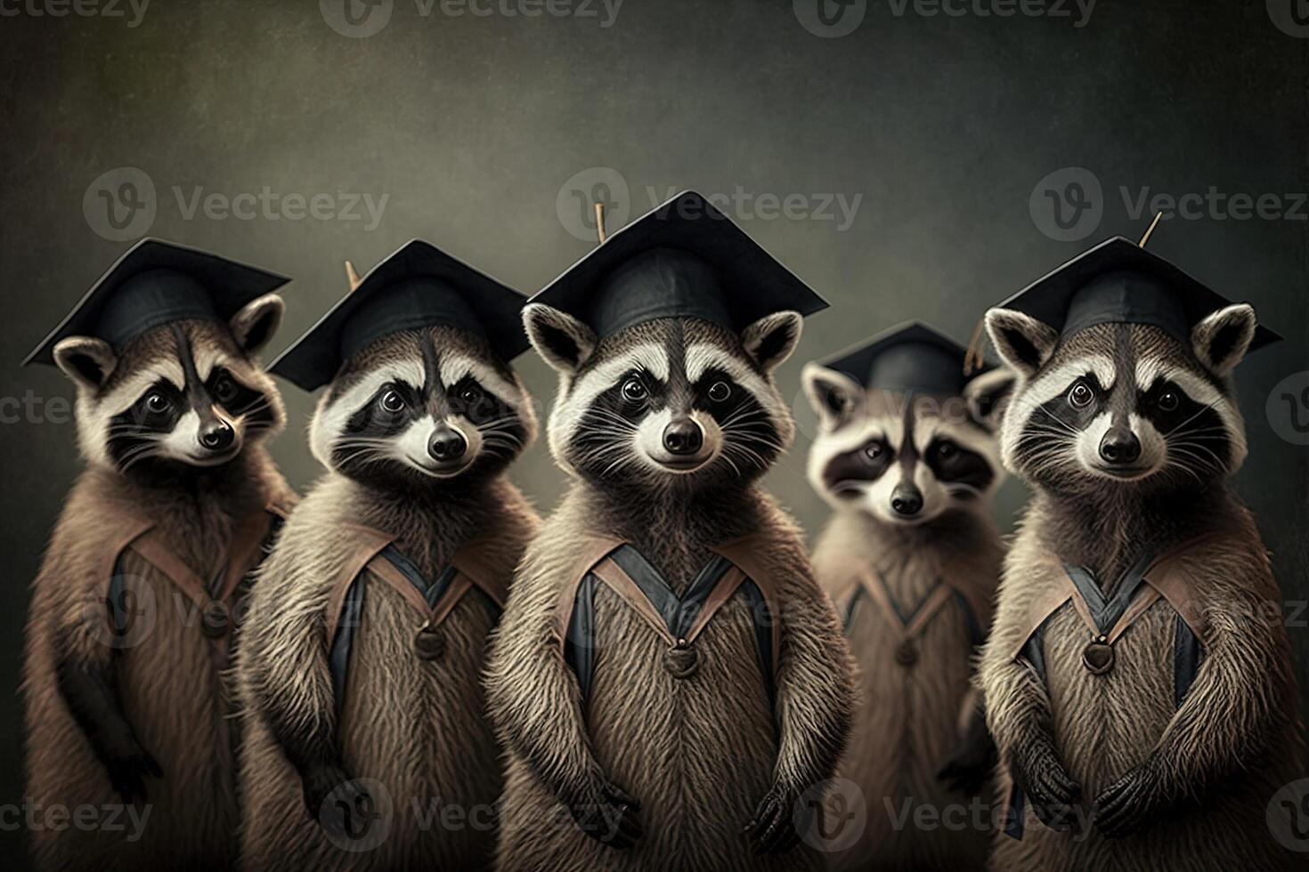 Racoons standing in a line, wearing graduation caps and gowns, with a proud look on their faces illustration photo