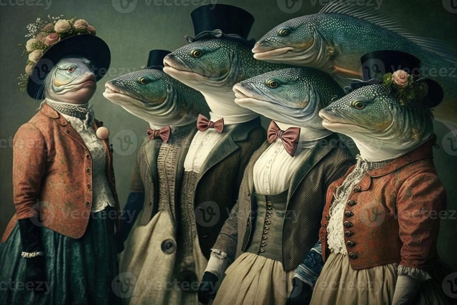 salmón pescado animales vestido en victoriano era ropa ilustración generativo ai foto