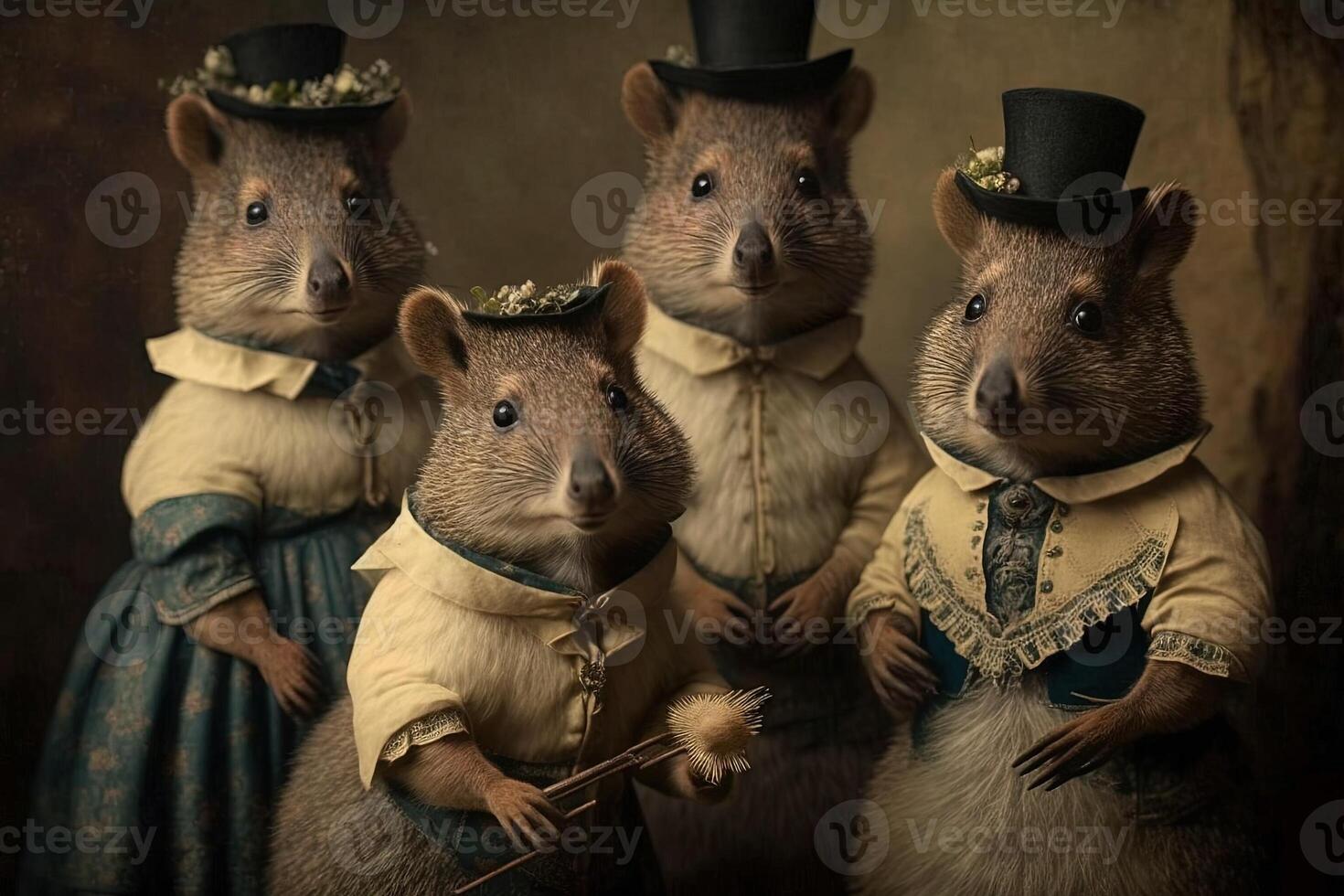 Quokka animals dressed in victorian era clothing illustration photo