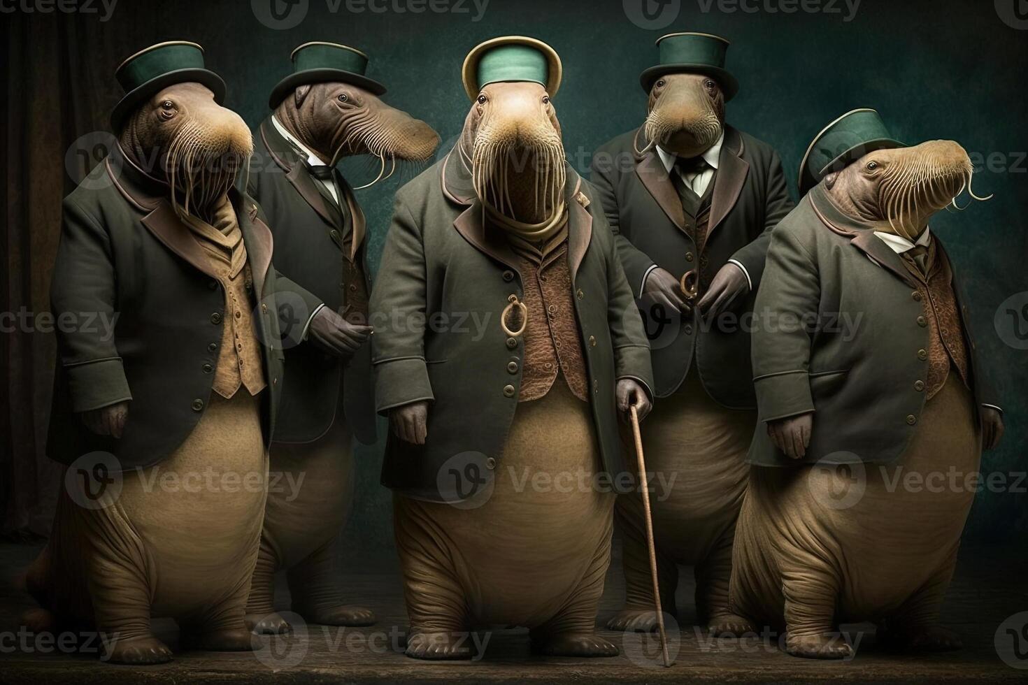 Walrus animals dressed in victorian era clothing illustration photo