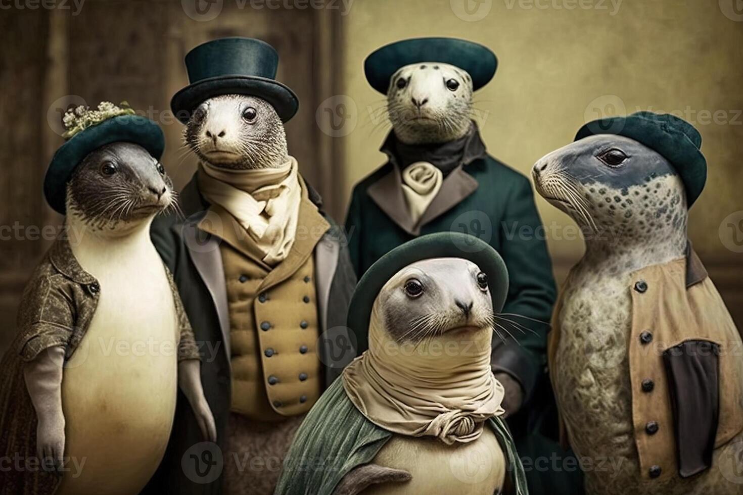 focas animales vestido en victoriano era ropa ilustración generativo ai foto
