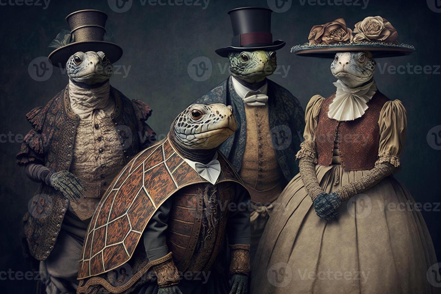 Turtles animals dressed in victorian era clothing illustration photo