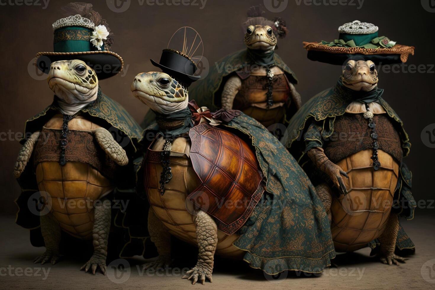 Turtles animals dressed in victorian era clothing illustration photo