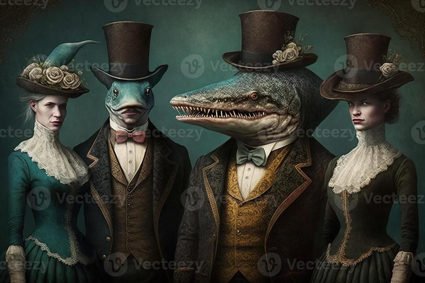 Shark animals dressed in victorian era clothing illustration photo