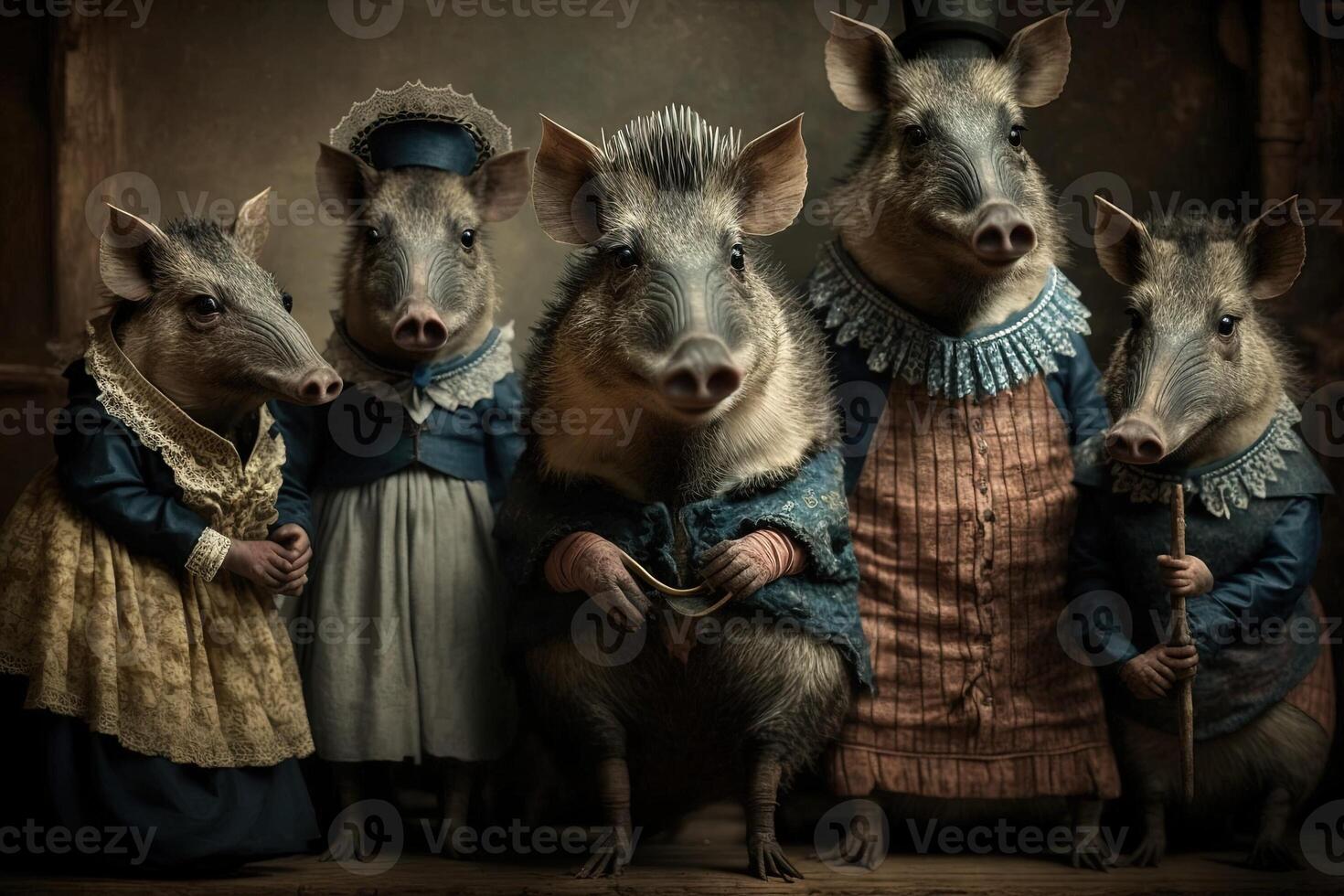 Wild boar pigs animals dressed in victorian era clothing illustration generative ai photo