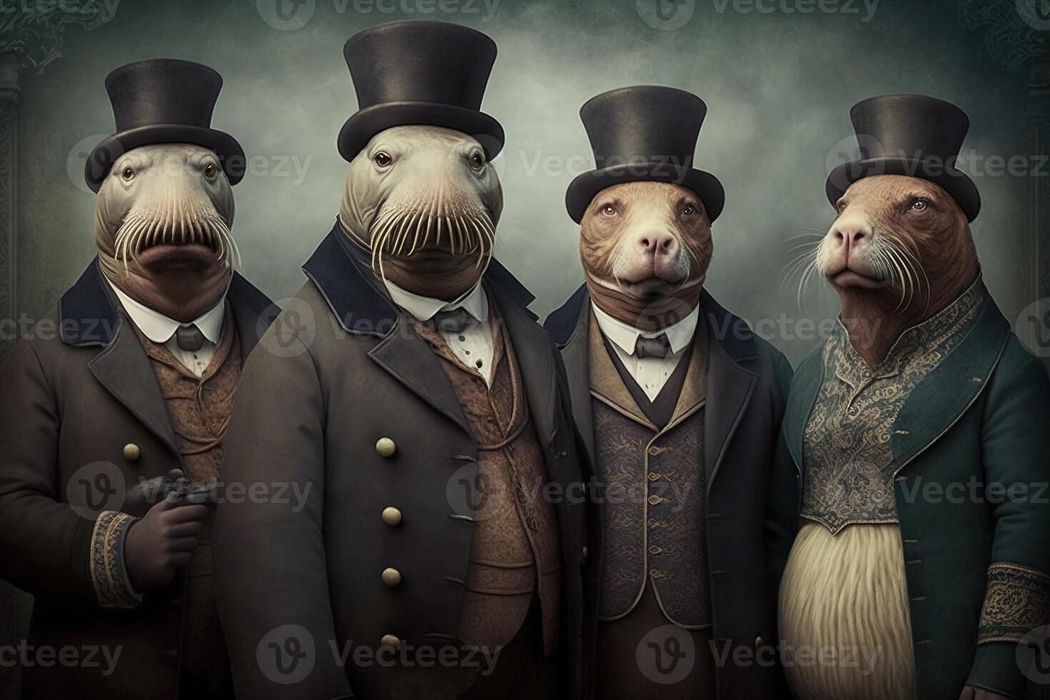 Walrus animals dressed in victorian era clothing illustration photo