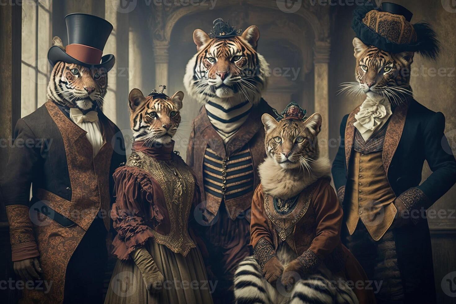 Tigre animales vestido en victoriano era ropa ilustración generativo ai foto