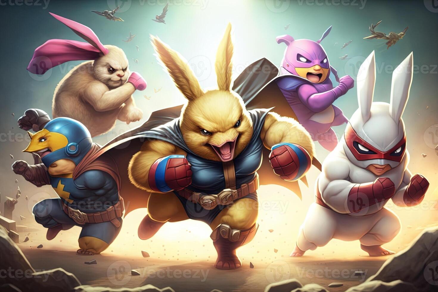Group of superheroes wearing Easter bunny costumes Easter illustration photo