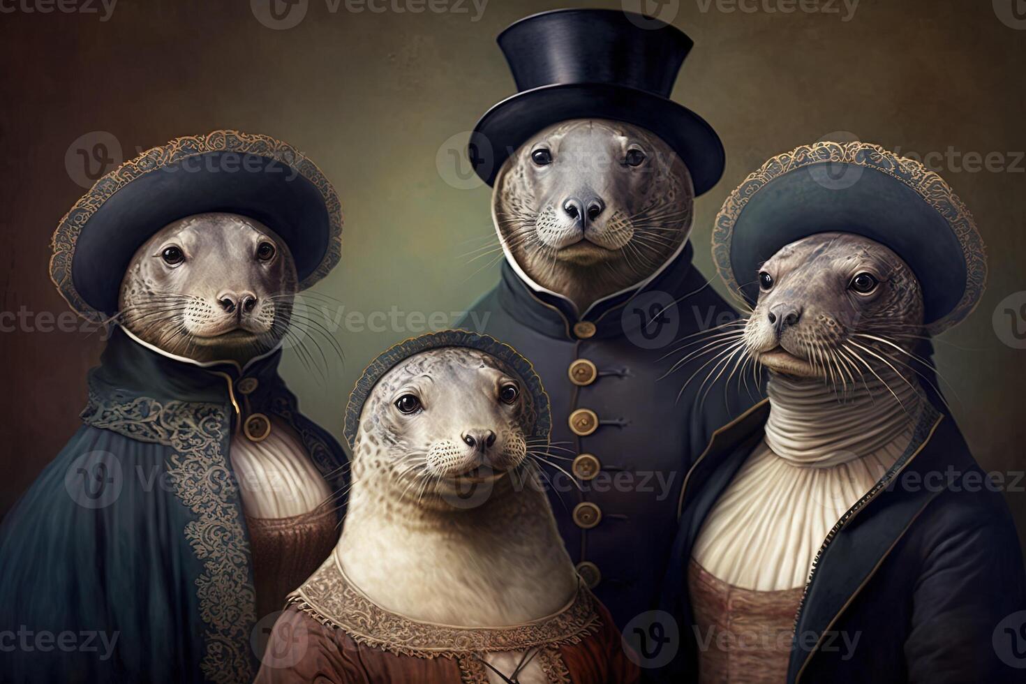 focas animales vestido en victoriano era ropa ilustración generativo ai foto