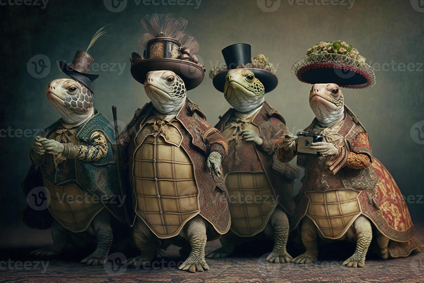 Turtles animals dressed in victorian era clothing illustration photo