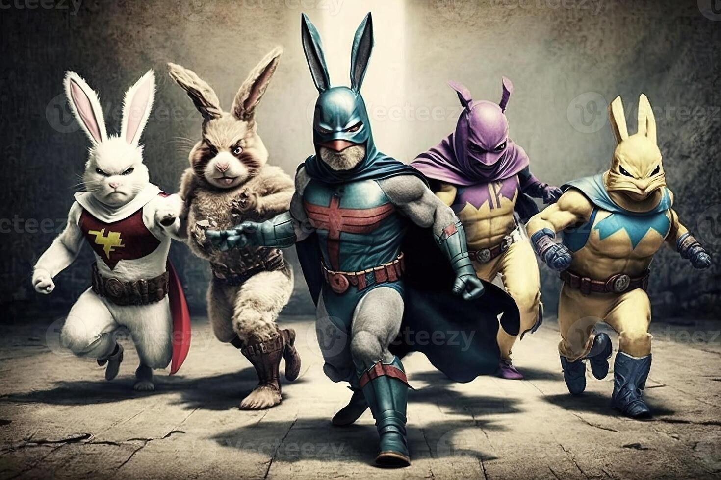 Group of superheroes wearing Easter bunny costumes Easter illustration photo