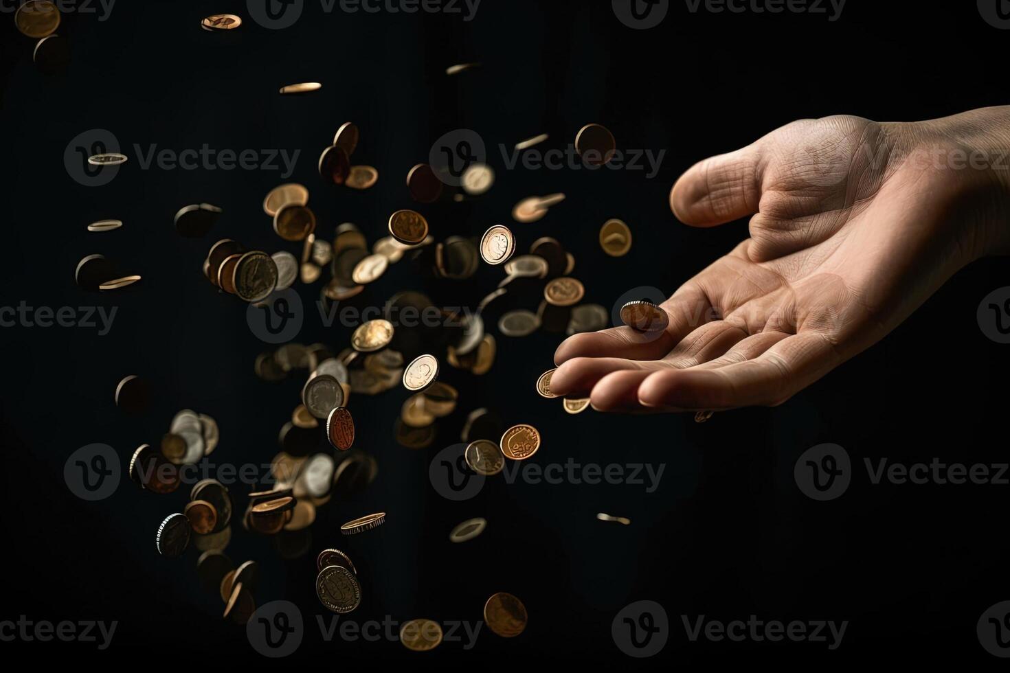 Hand with coins flying business and finance success abstract illustration photo