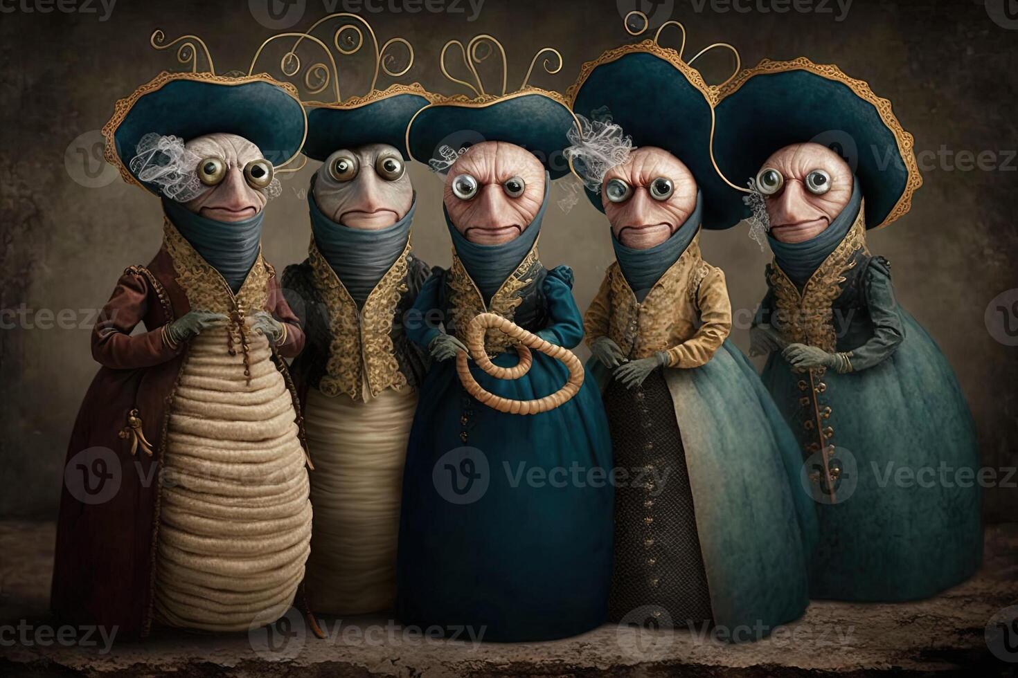 Worms animals dressed in victorian era clothing illustration photo