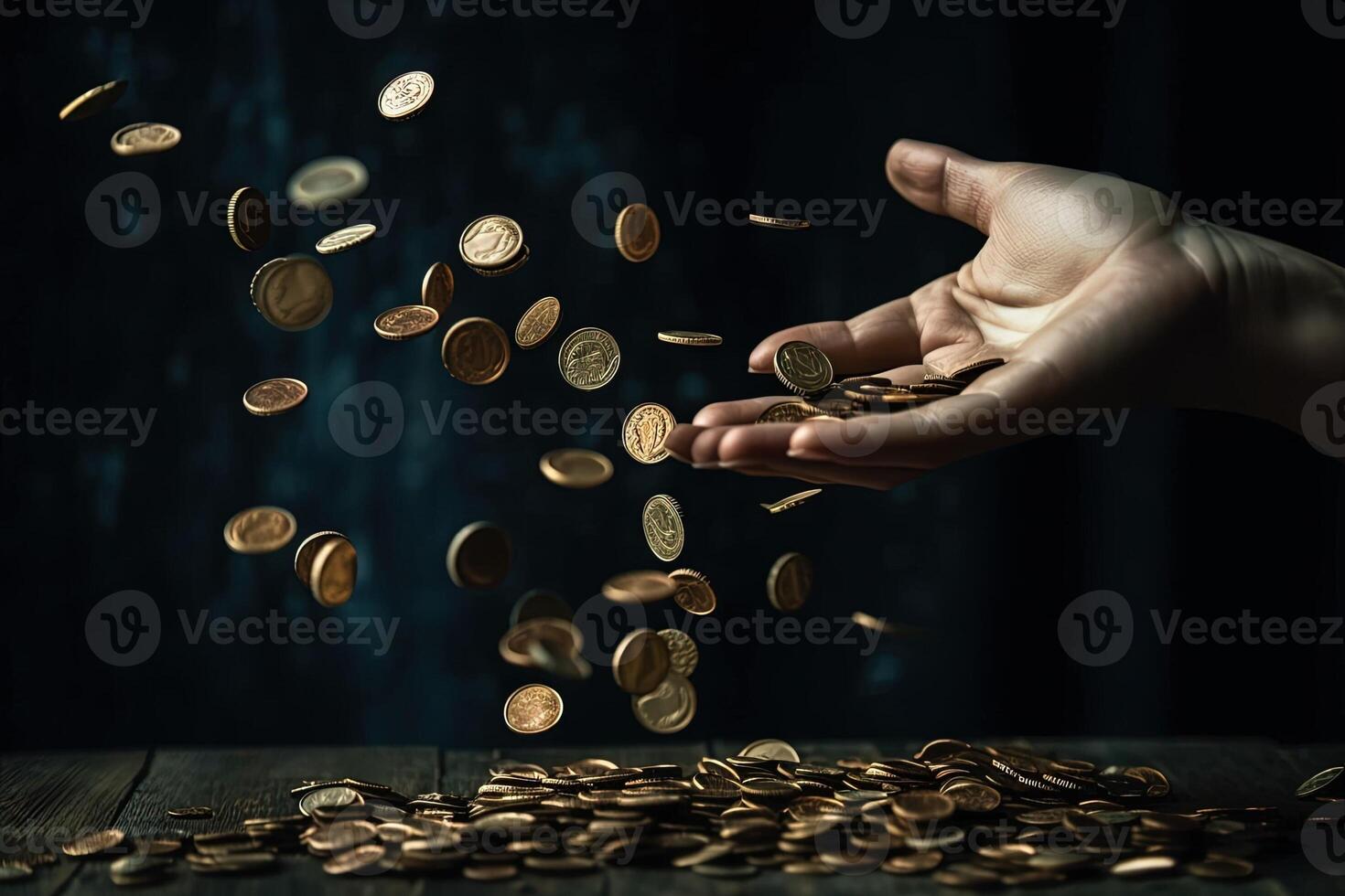 Hand with coins flying business and finance success abstract illustration photo