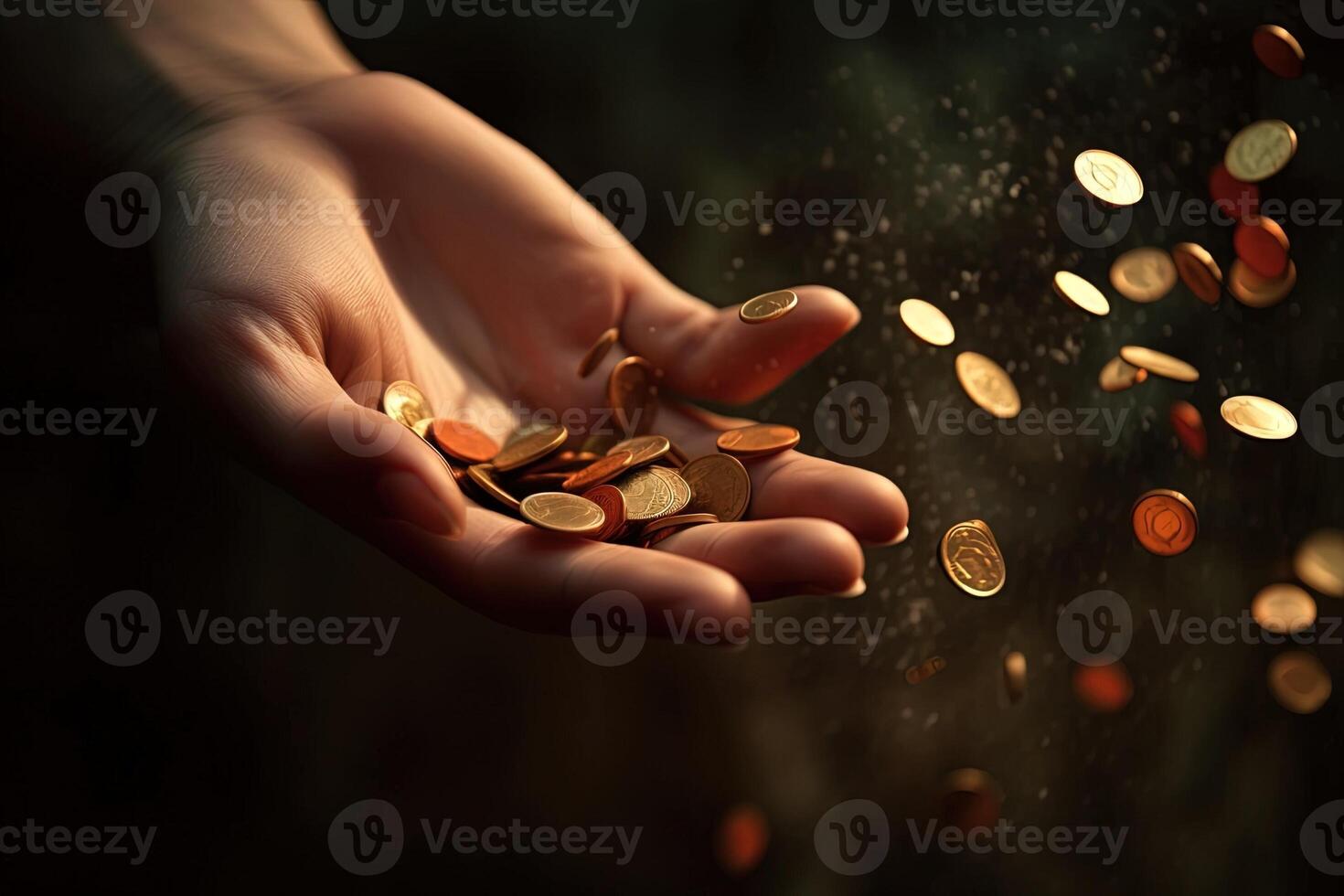 Hand with coins flying business and finance success abstract illustration photo