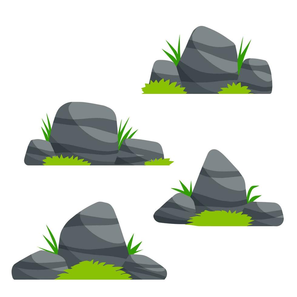 conjunto de piedras. paisajes de naturaleza, bosques y montañas. pila de escombros. ilustración de dibujos animados plana. elemento decorativo hierba y plantas verdes vector