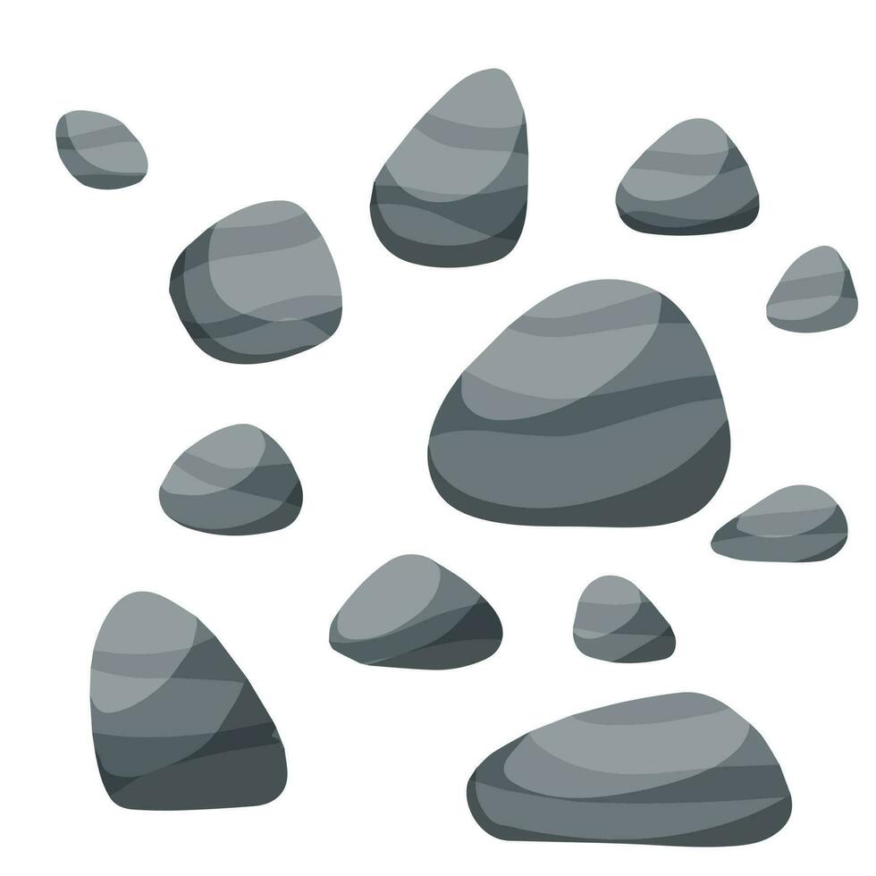 Set of stones. Scenery of nature, forests and mountains. Pile of rubble. Decorative element. Flat cartoon illustration vector