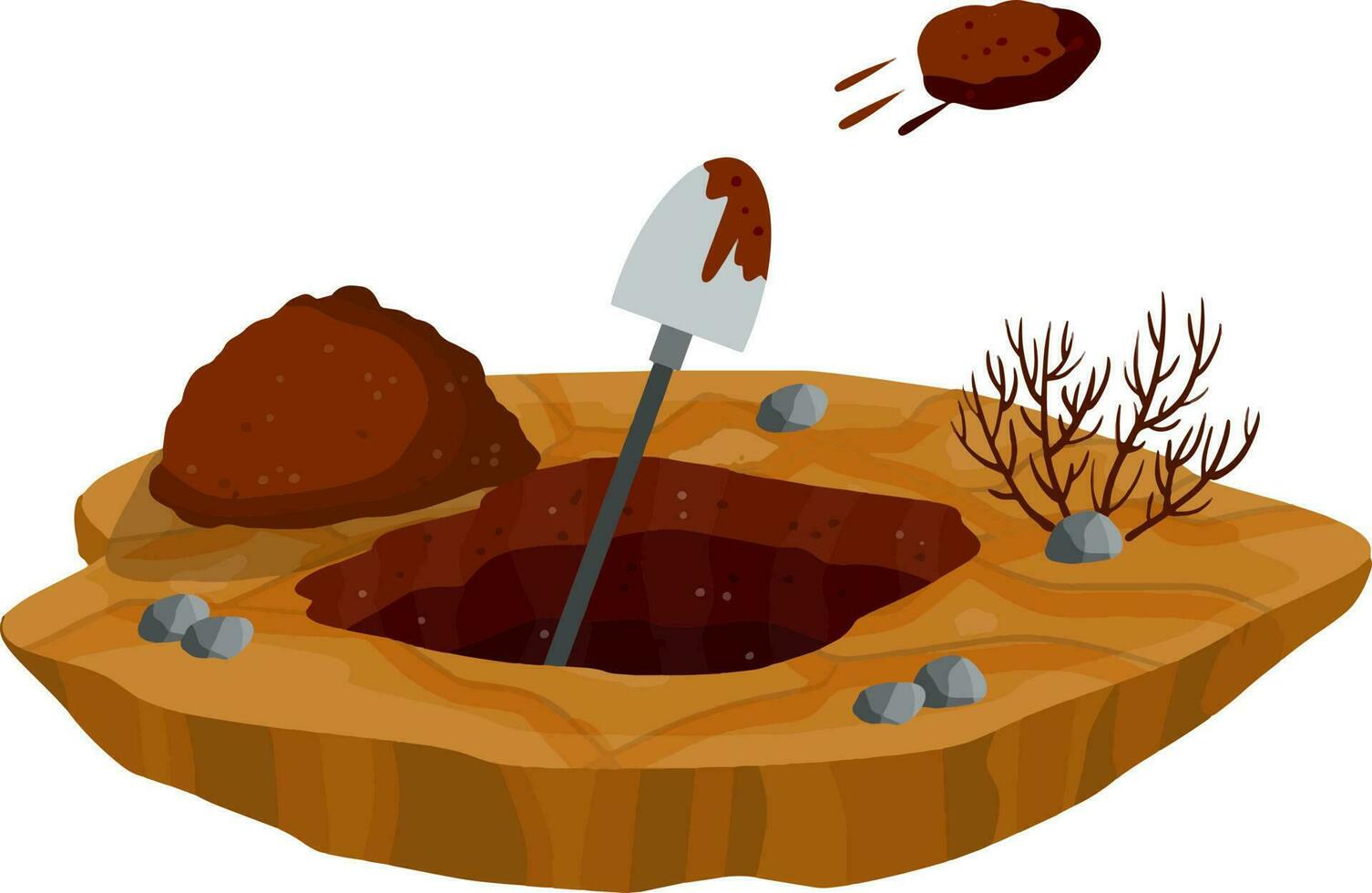 Digging hole. Shovel and dry brown earth. Grave and excavation. Cartoon flat illustration. Funeral in desert. Pile dirt and stones vector