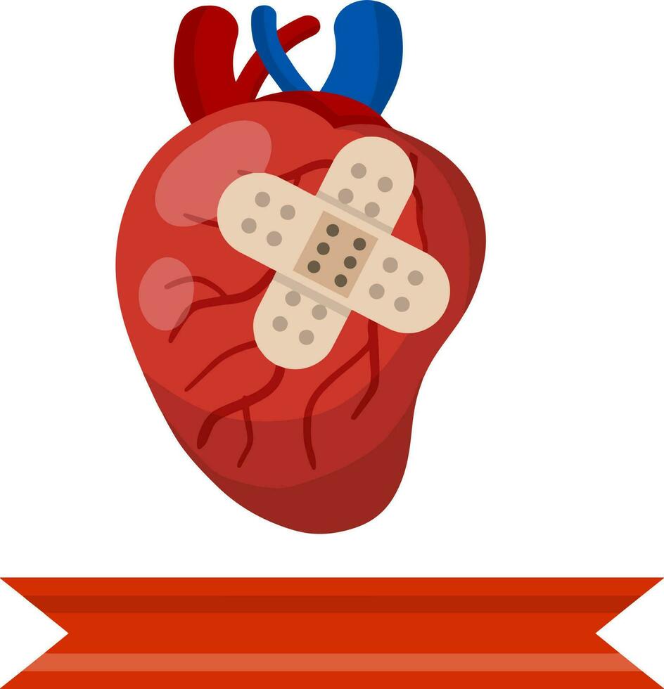 corazón. enfermo humano interno Organo. medicina y cardiología. dibujos animados plano ilustración. parche y apósito adhesivo en herida. cinta para logo texto vector