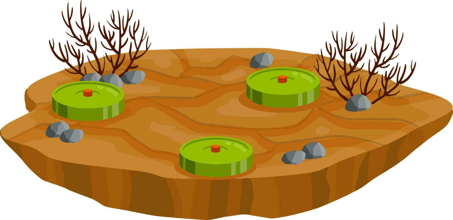 campo de minas. conjunto de minas en suelo. rocas y césped. explosivo elemento de guerra. dibujos animados plano ilustración. verde césped con bombas moderno guerra paisaje vector