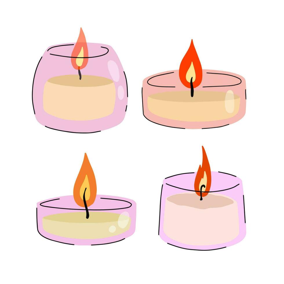 velas perfumadas en tarro de cristal. conjunto de llama romántica y fuego en vidrio decorativo. garabato, caricatura, aislado, blanco, plano de fondo vector