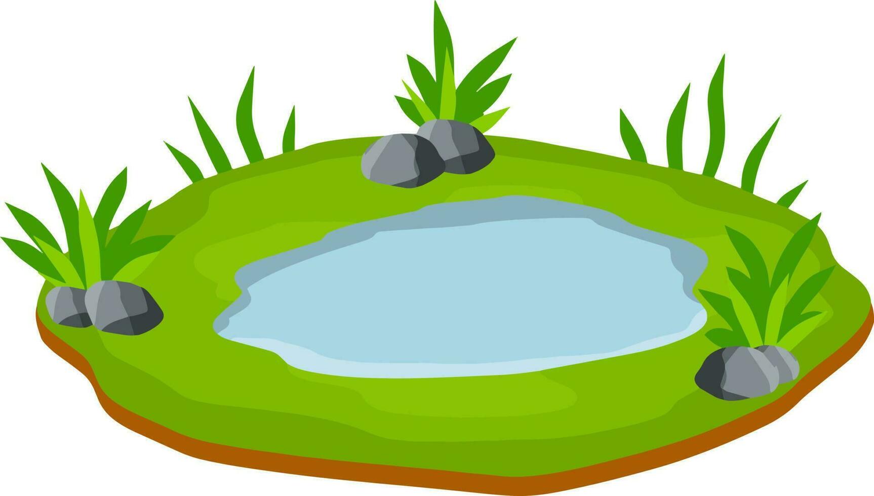 Pond and swamp, lake. Flat cartoon. Background for illustration. Landscape with grass, stones and bush. Element of nature and forest and water. Platform and ground vector