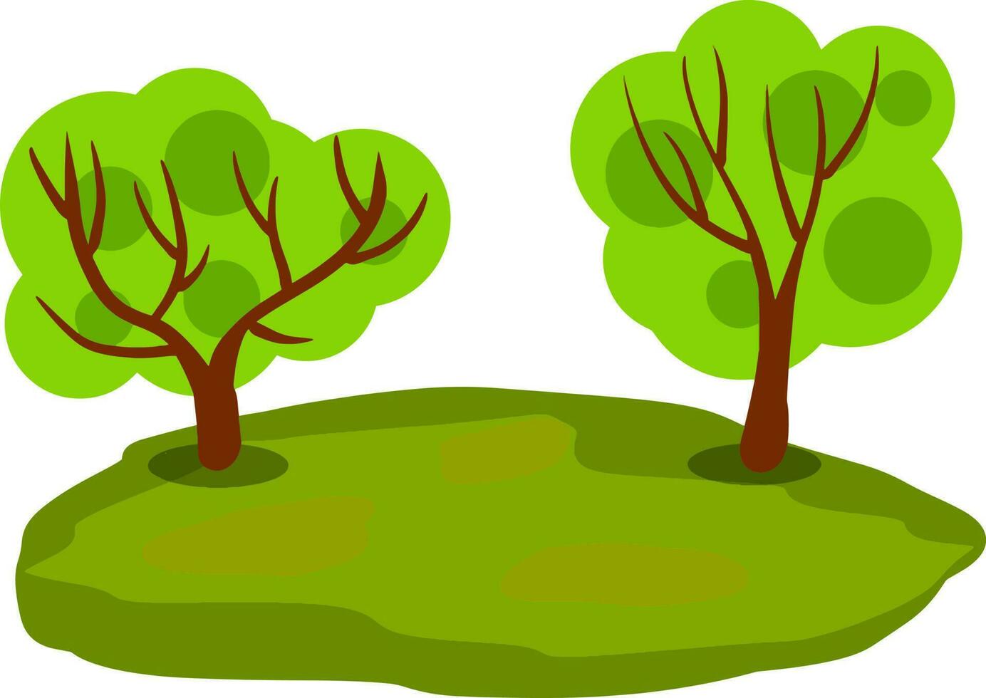 Landscape with grass and tree. Element of nature and forests. Background for illustration. Lawn and greensward. Flat cartoon. Platform and ground vector