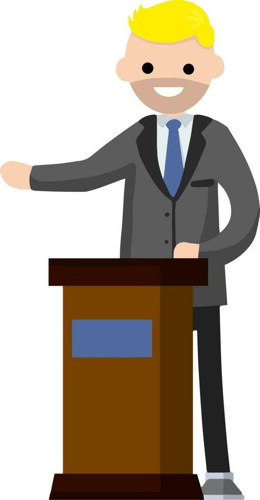 Man in the suit stay behind podium. Presidential election. Political debate. Lecturer in class. The speaker is talking. Dialogue businessman. Cartoon flat illustration vector