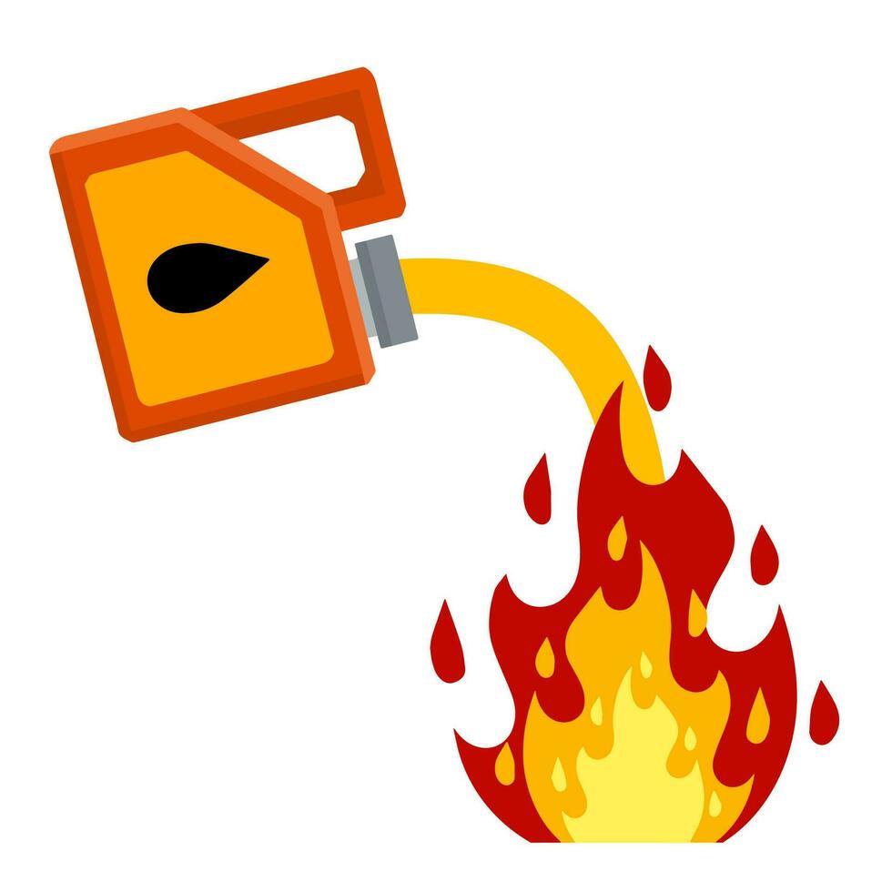 Canister with fuel. Container with oil. Flammable object. Danger and fire. Watering a Dangerous flame. Flat cartoon icon illustration isolated on white background. Red gas tank vector