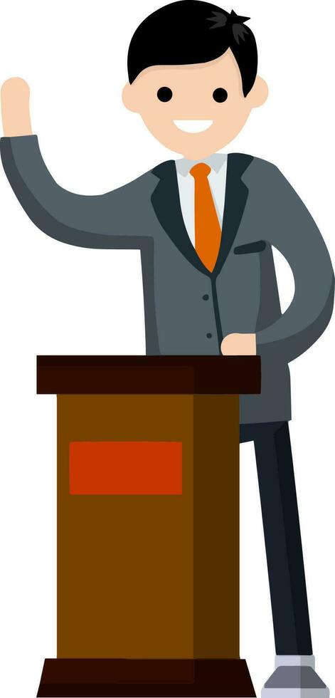 Man in the suit stay behind podium. Presidential election. Political debate. Lecturer in class. The speaker is talking. Dialogue businessman. Cartoon flat illustration vector