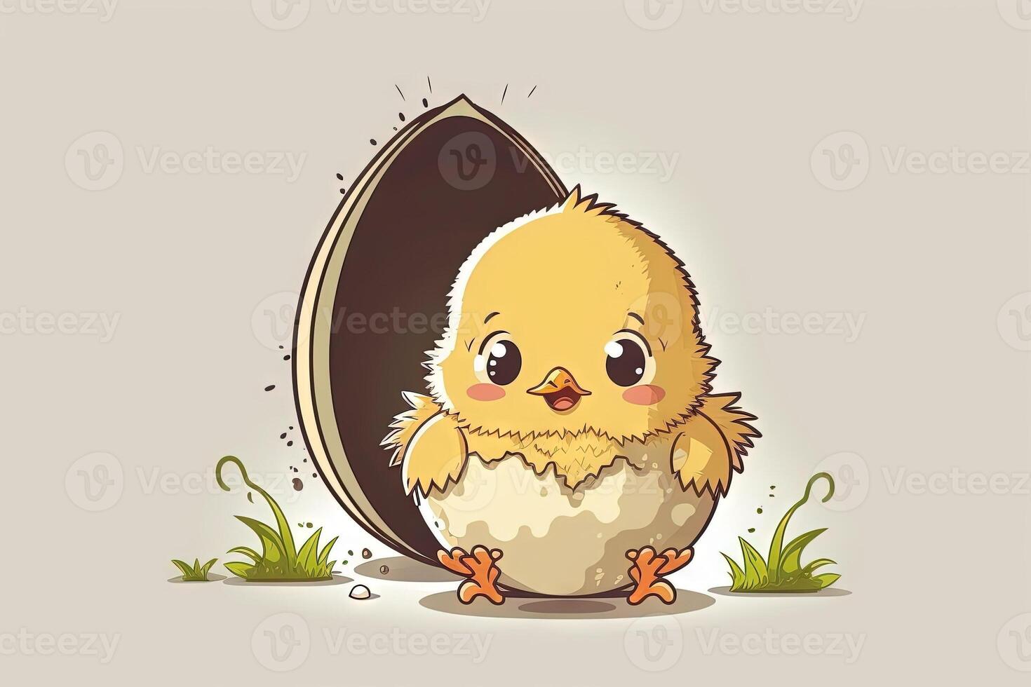 Happy smiling Cute little chicken coming out o f the Easter egg isolated on white background cartoon manga style illustration photo