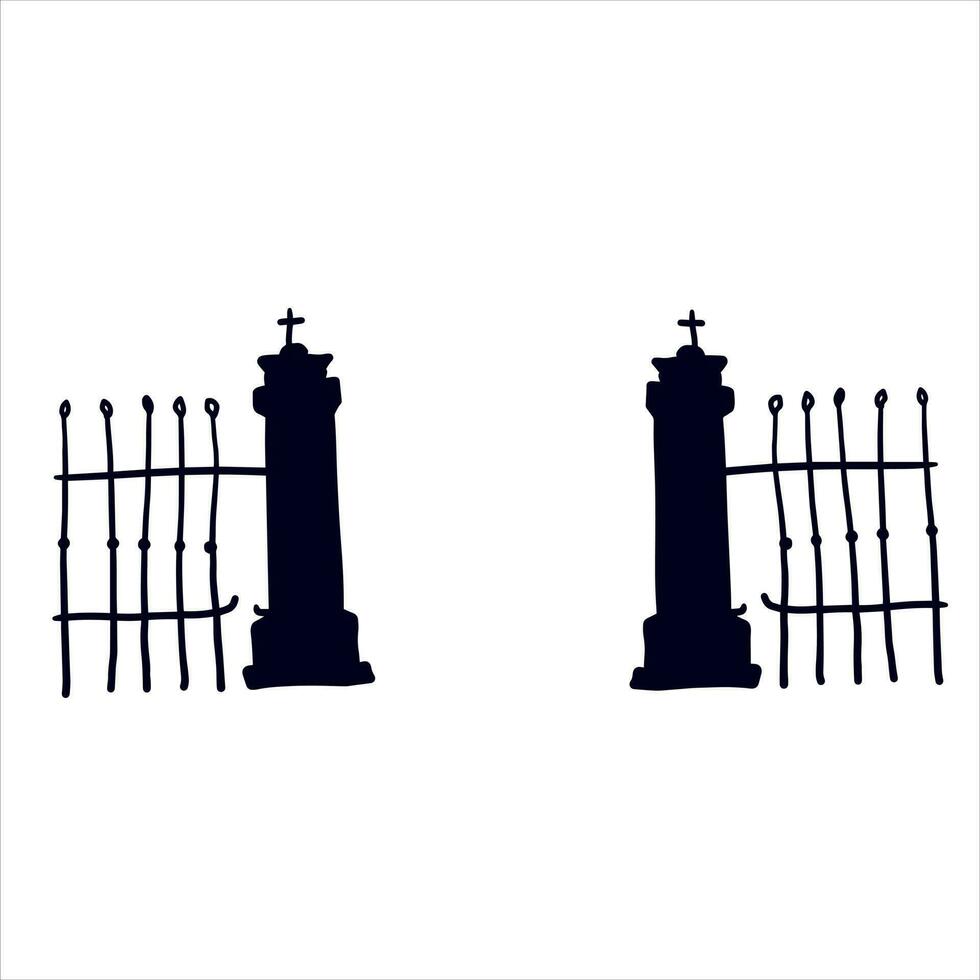 Old fence of cemetery. Halloween decoration. Black silhouette of gloomy wall. Flat illustration isolated on white vector