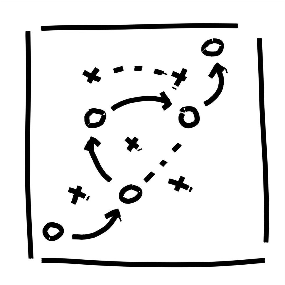 Sports tactics and strategy. Scheme of movement of team player. Combination of crosses and circles with path arrows. Pitch ball instructions. vector