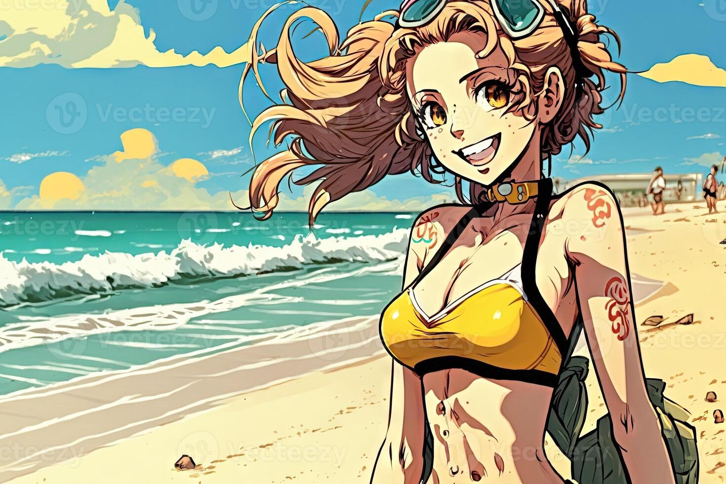 Beautiful anime manga girl in Los Angeles Malibu beach illustration photo