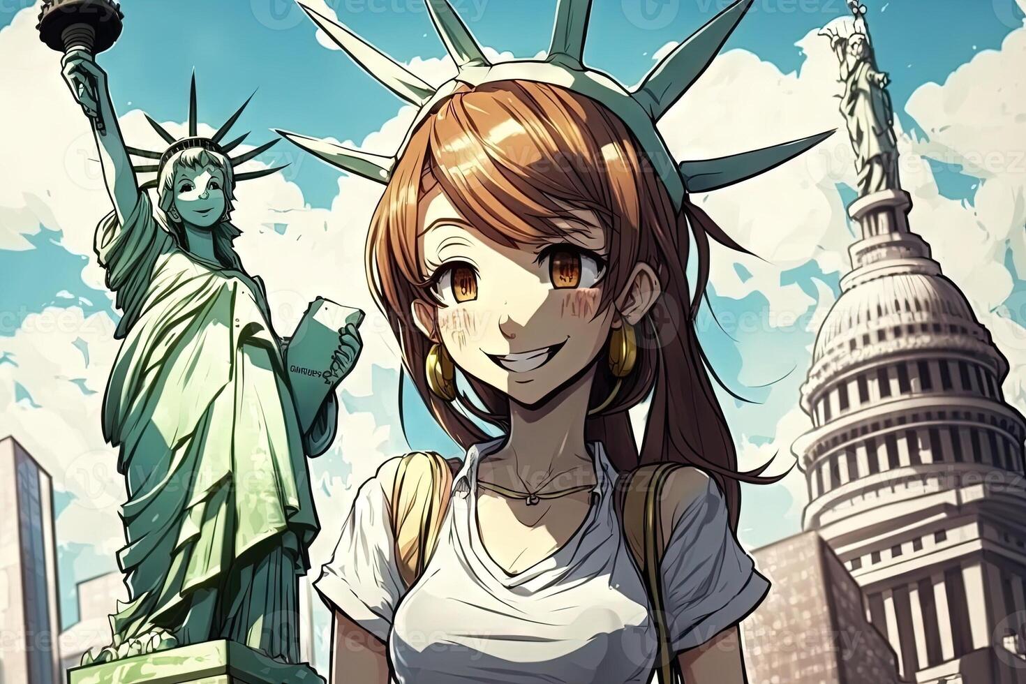 Beautiful anime manga girl in New York City Statue of Liberty illustration photo