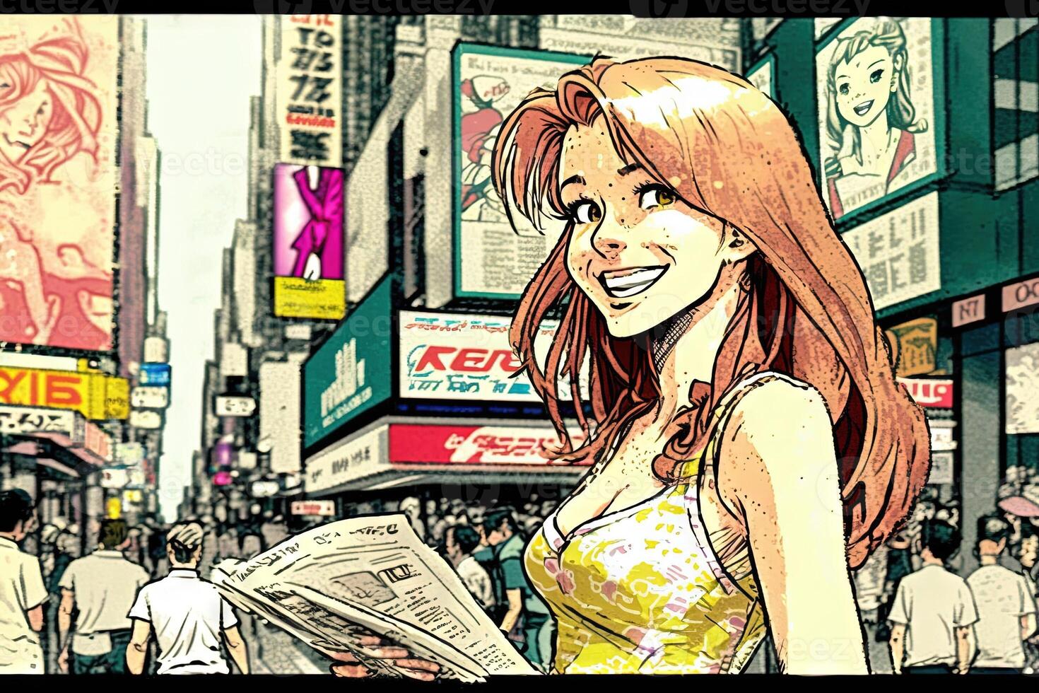 Beautiful anime manga girl in New York City Times Square illustration photo