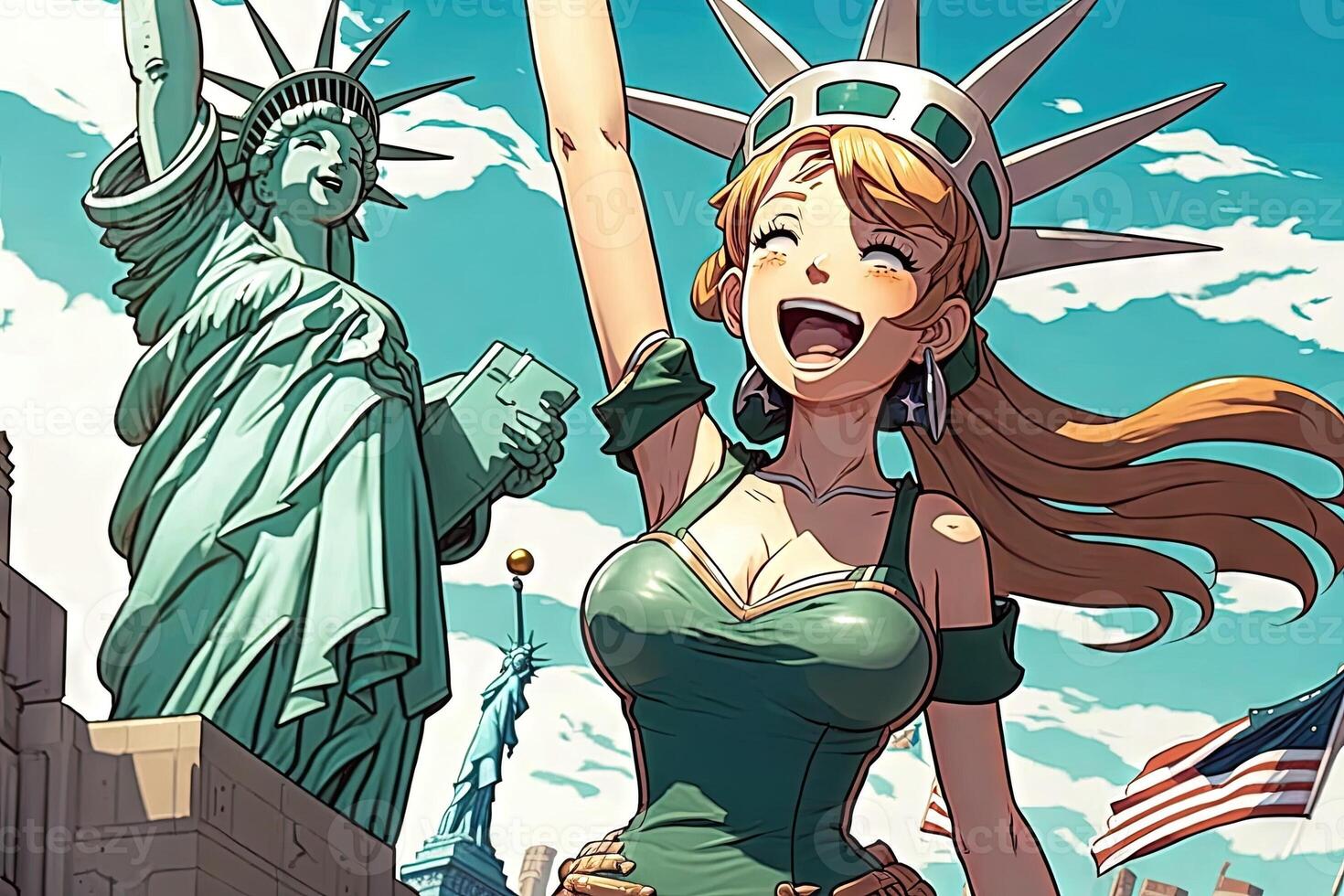 Beautiful anime manga girl in New York City Statue of Liberty illustration photo