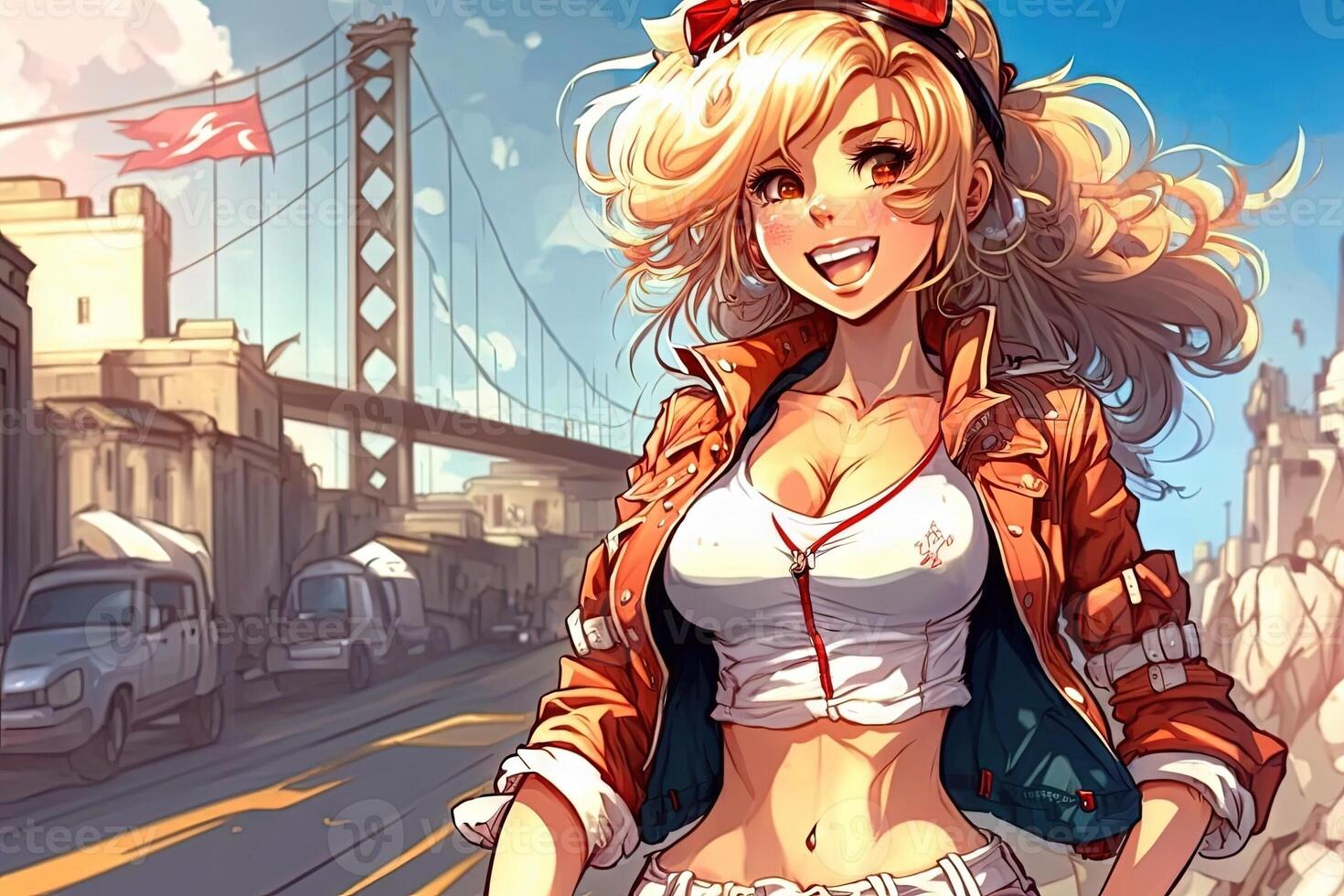 Beautiful anime manga girl in San Francisco California illustration photo