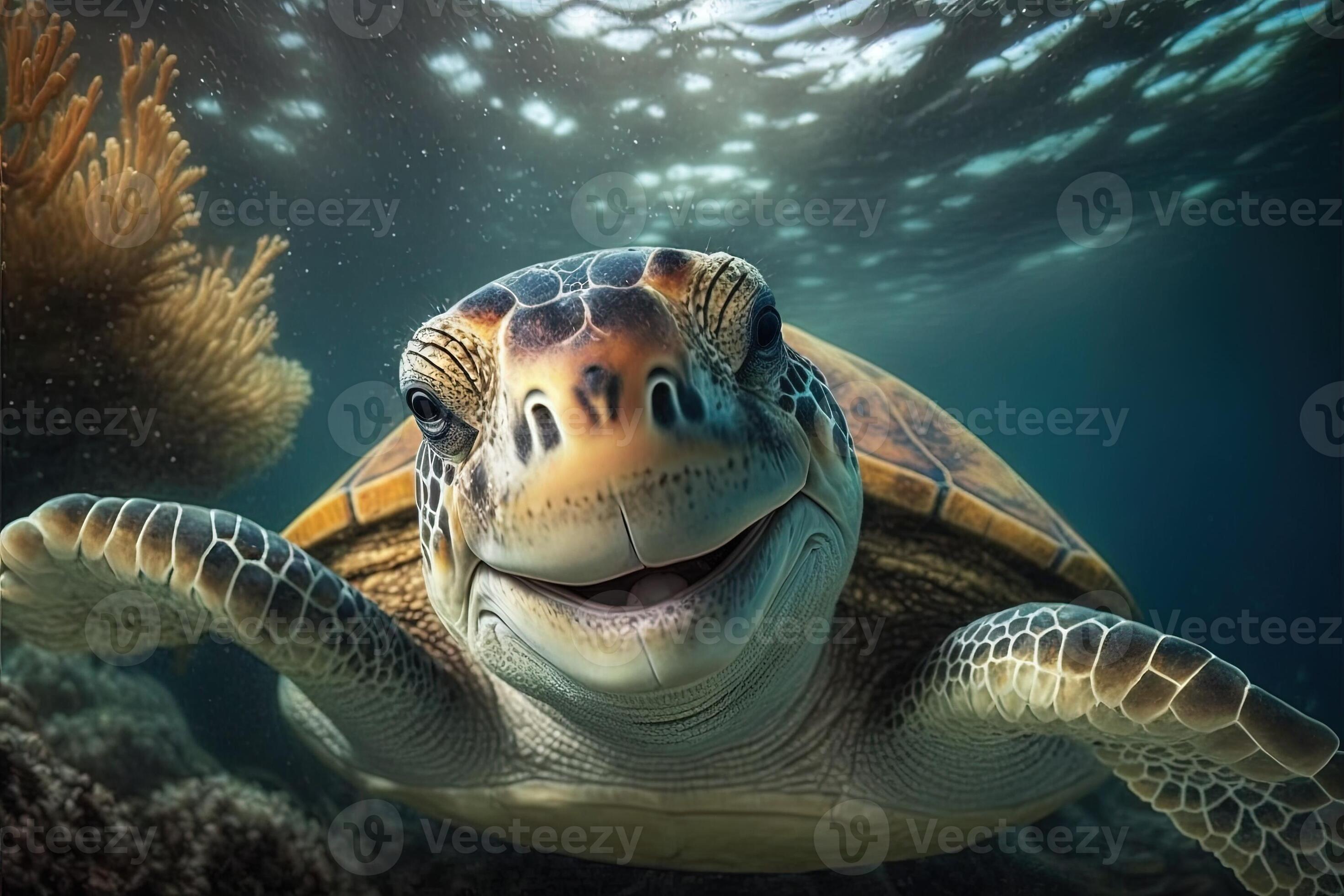 happy sea turtle underwater looking and you and smiling illustration