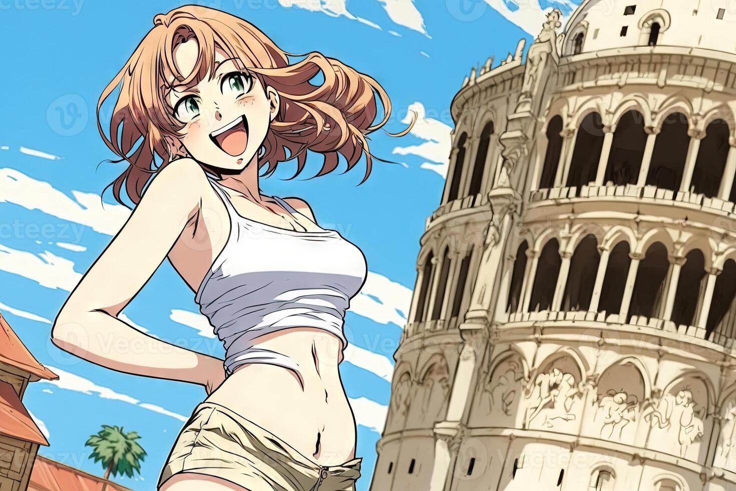 Beautiful anime manga girl in Pisa Leaning Tower town Italy illustration photo