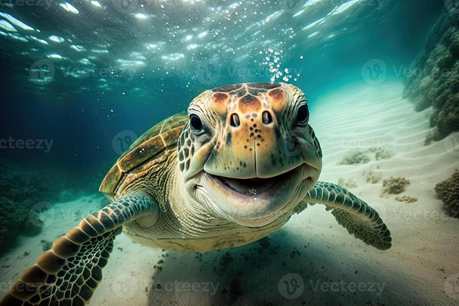contento mar Tortuga submarino mirando y usted y sonriente ilustración generativo ai foto