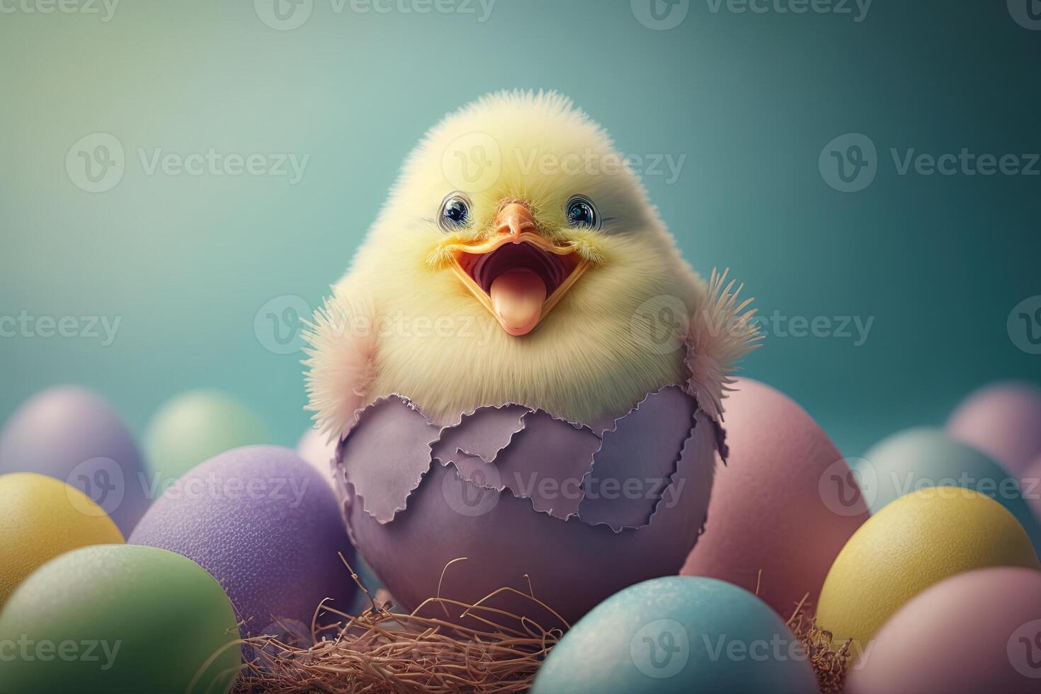 Happy smiling Cute little chicken coming out o f the Easter egg isolated on pastel colors background illustration photo