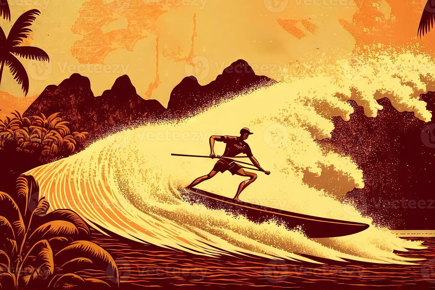 Hawaii retro style art poster holiday surfing and surf Illustration photo